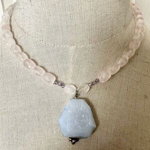 Rose Quartz blue lace agate sterling  silver pendant necklace